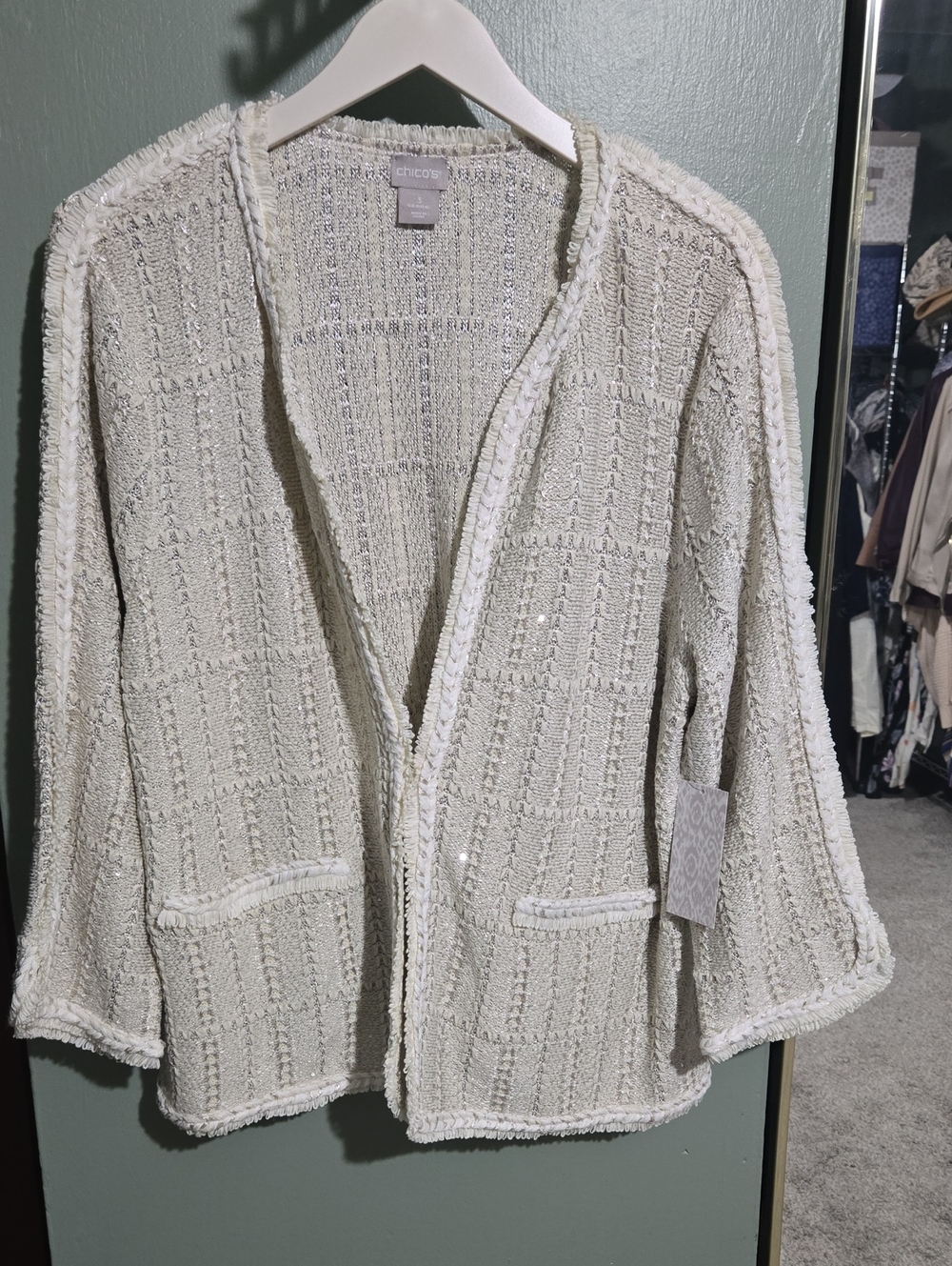 Chico's Cream Open-Front Textured Knit Cardigan with Fringe Trim